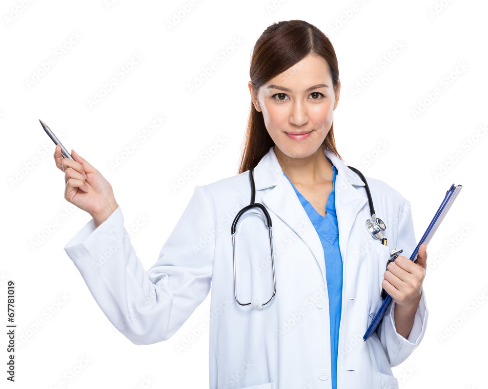 Young asian female doctor with clip board isolated Young asian female doctor with clip board isolated
