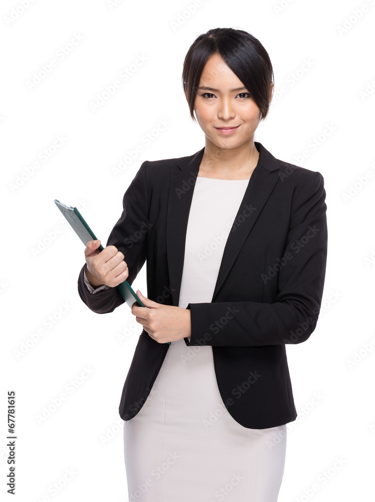 Asian business woman holding chip board on white background Asian business woman holding chip board on white background