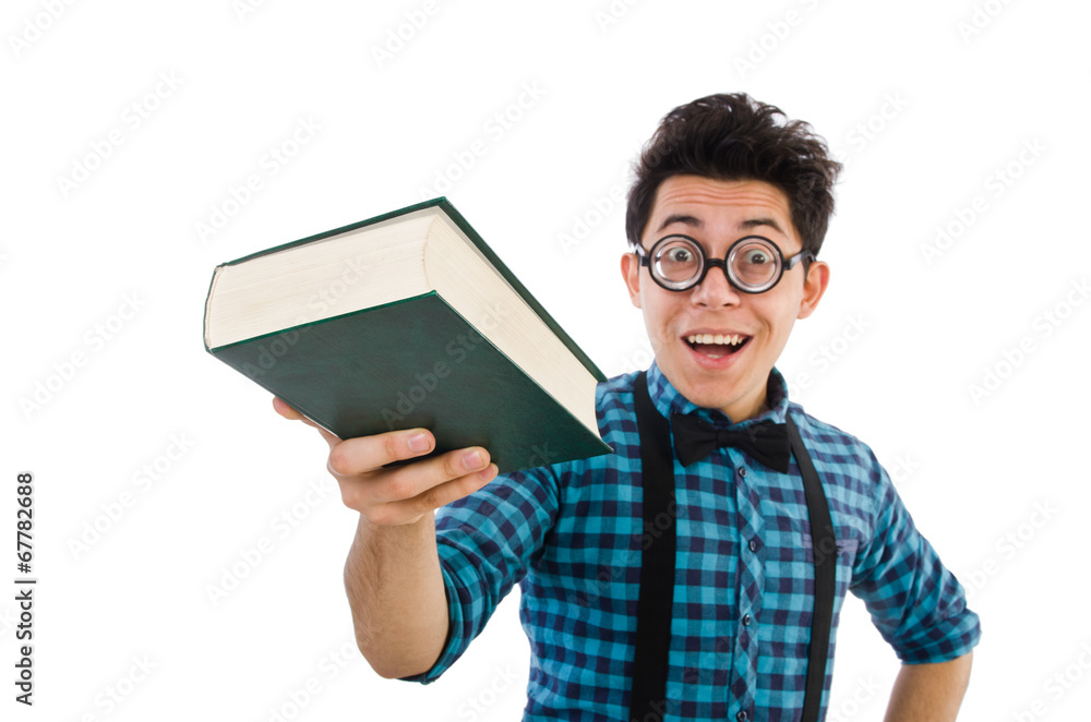 Funny student with stack of books Funny student with stack of books