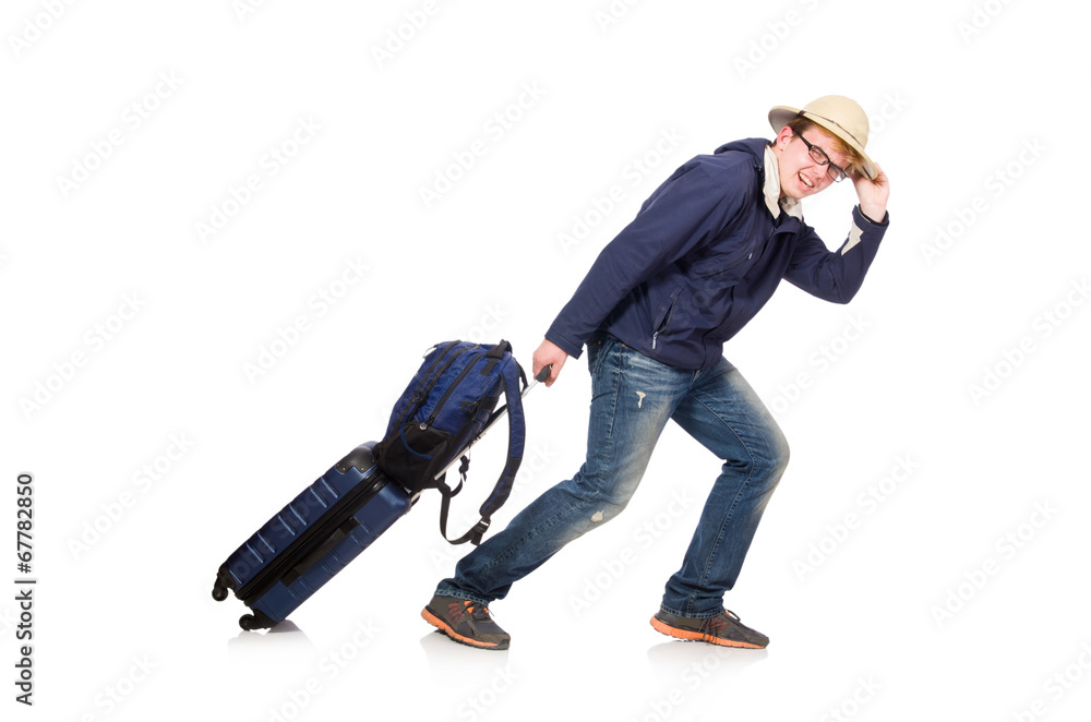 Funny man with luggage wearing safari hat Funny man with luggage wearing safari hat
