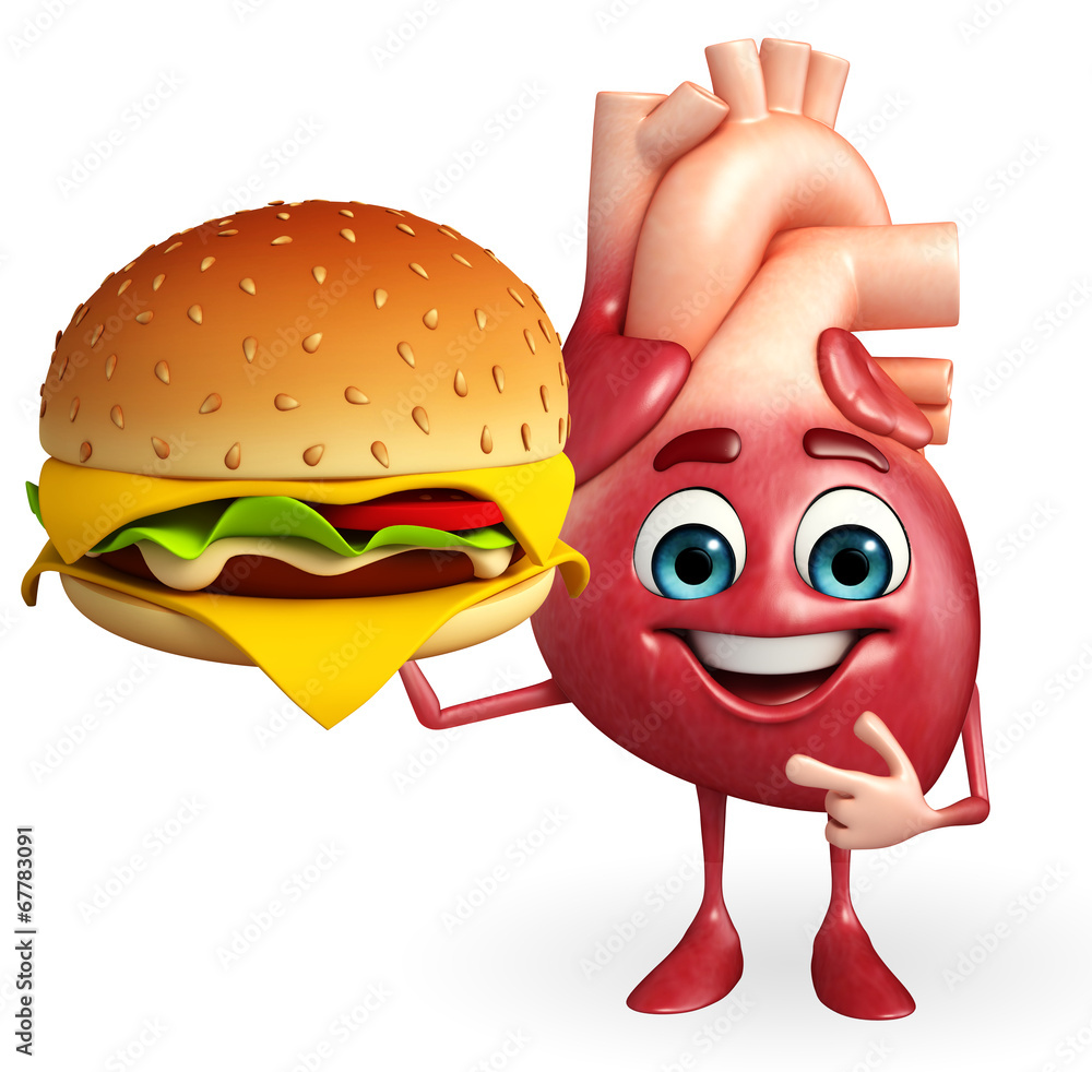 Heart character with burger - obrazy, fototapety, plakaty 