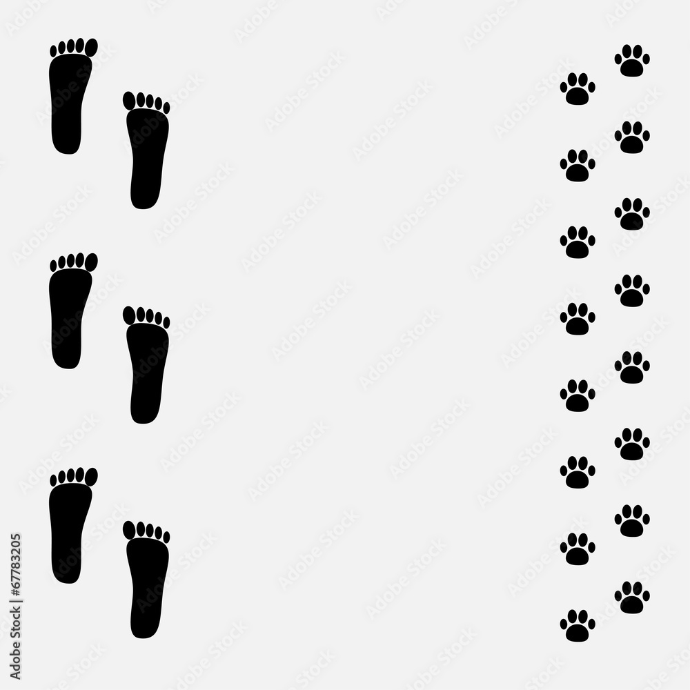 Bare foot print and paw print black frame. Stock Vector