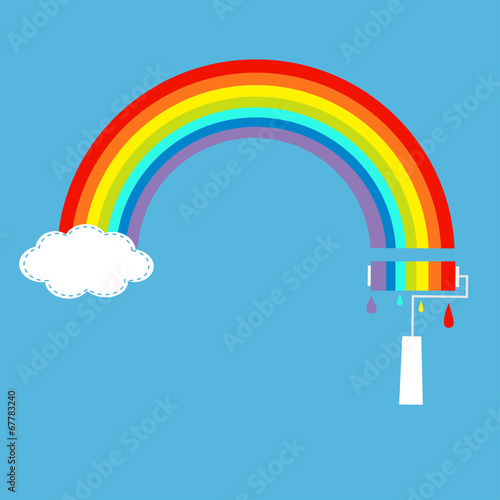Rainbow cloud in the sky and paint roller with drops. Dash line.
