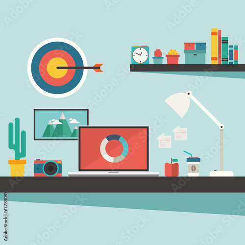 work desk and accessories on flat design concept
