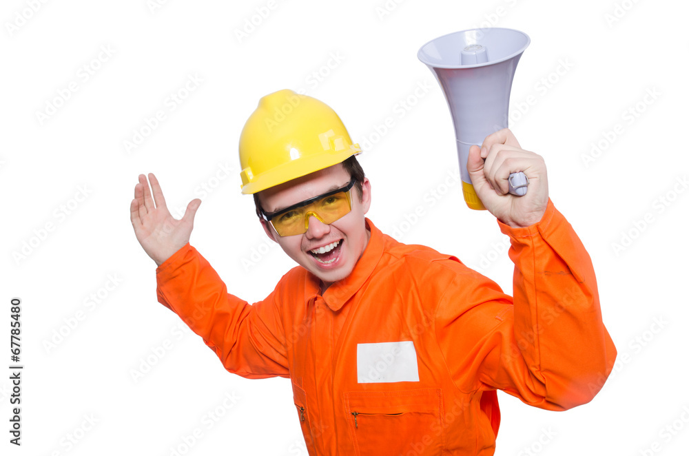 Builder with loudspeaker isolated on white Builder with loudspeaker isolated on white