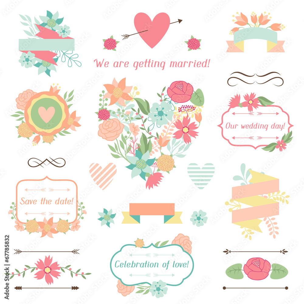 Wedding collection of decorations, flowers, ribbons and labels. Wedding collection of decorations, flowers, ribbons and labels.