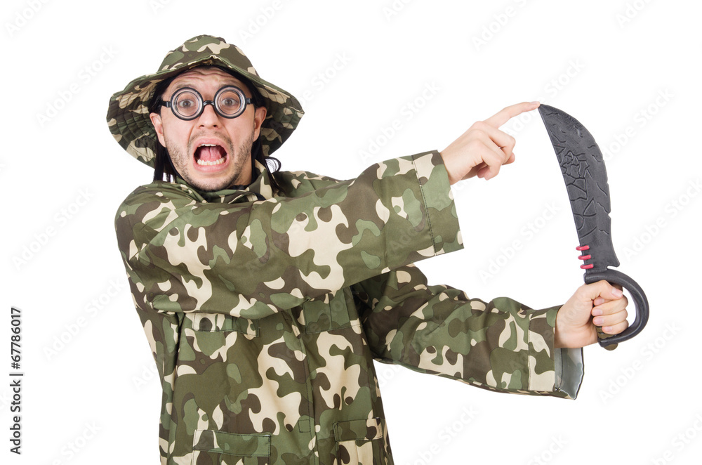 Funny soldier with knife on white Funny soldier with knife on white