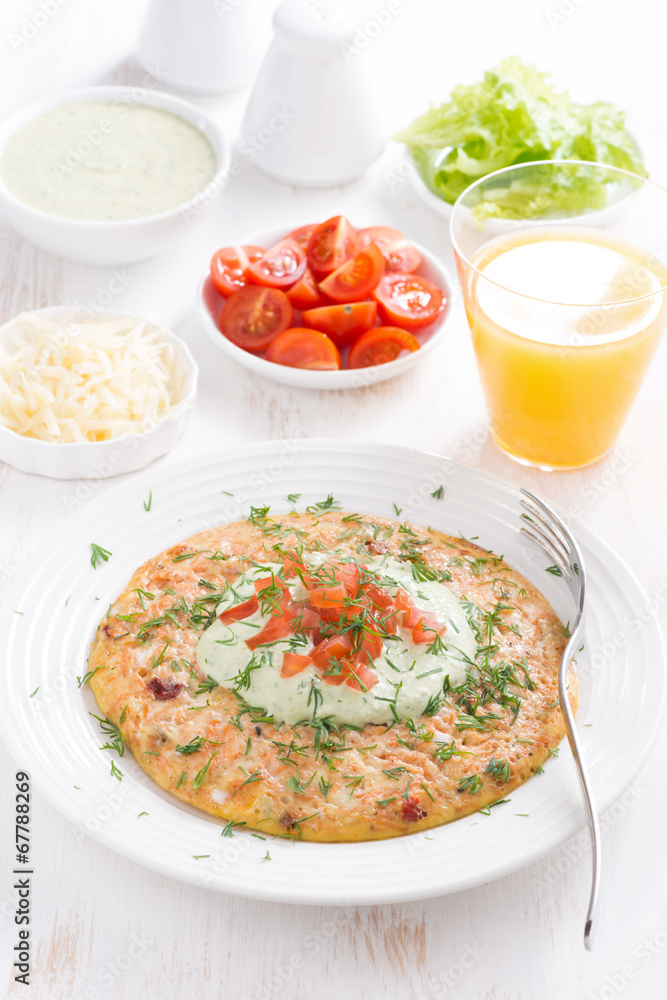healthy breakfast - omelette with carrots, tomatoes healthy breakfast - omelette with carrots, tomatoes
