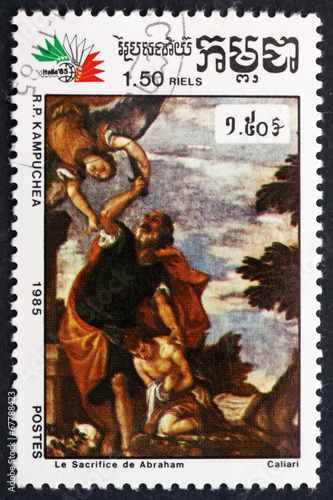 Postage stamp Cambodia 1985 Sacrifice of Abraham, by Veronese photo