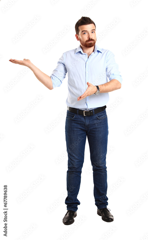 Happy business man presenting and showing Happy business man presenting and showing