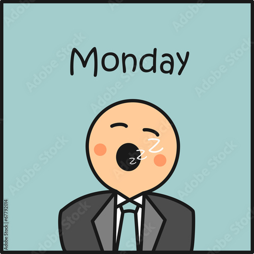 Lunes. Días de la semana. Avatar bostezando con texto en inglés. Ilustración vectorial