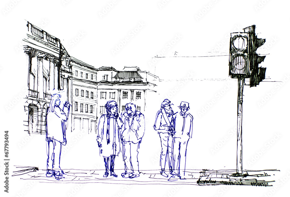 Obraz premium Group of people in Europe pen drawing