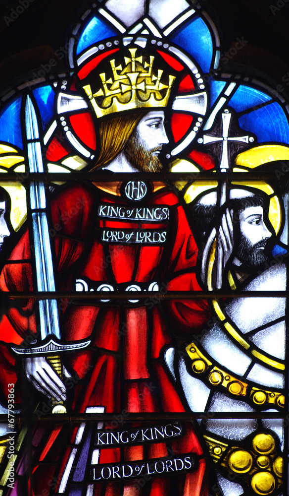 Jesus Christ as a knight on horseback. A stained glass window