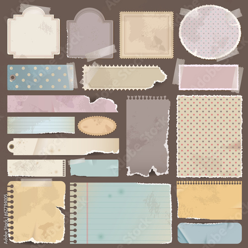 Various old remnant pieces of paper, scrapbook, and note board (