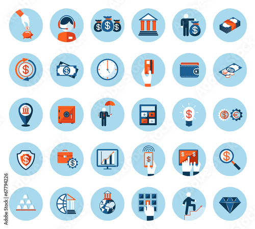 Finance and banking icons in colored flat style