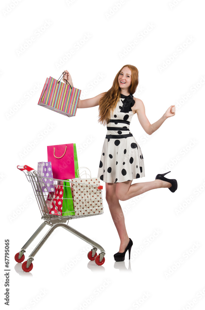Woman after shopping in the supermarket isolated on white Woman after shopping in the supermarket isolated on white