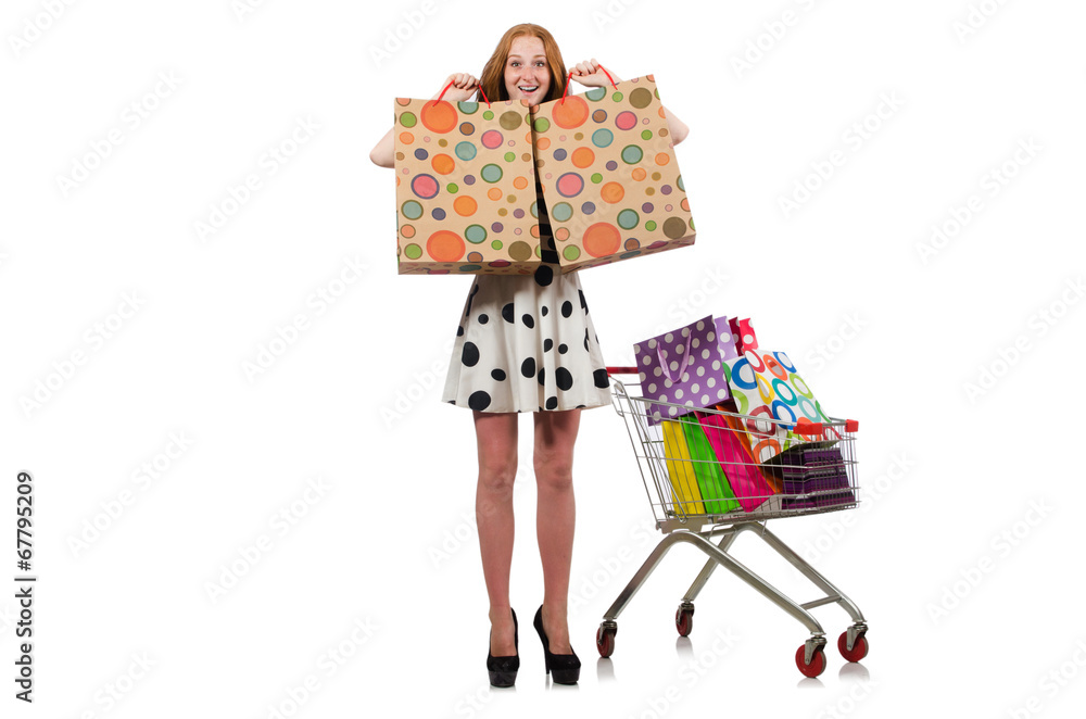 Woman after shopping in the supermarket isolated on white Woman after shopping in the supermarket isolated on white