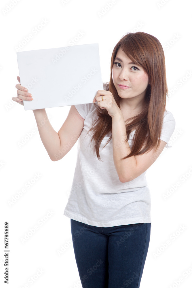 Asian girl hold A4 size blank sign Asian girl hold A4 size blank sign