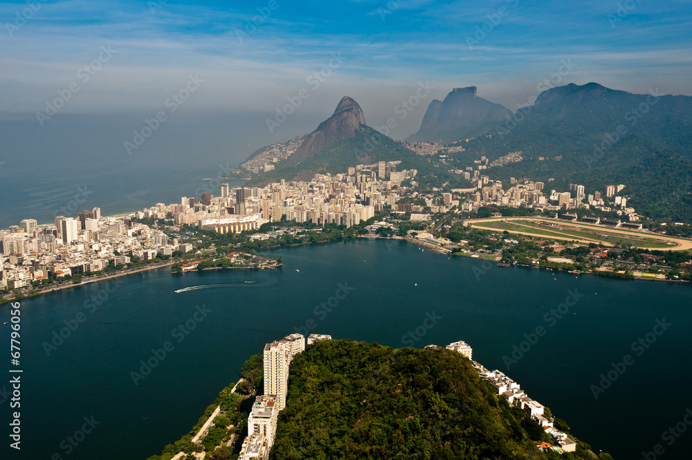Fototapeta premium Aerial View of Rio de Janeiro Mountains, Lake, Urban Areas