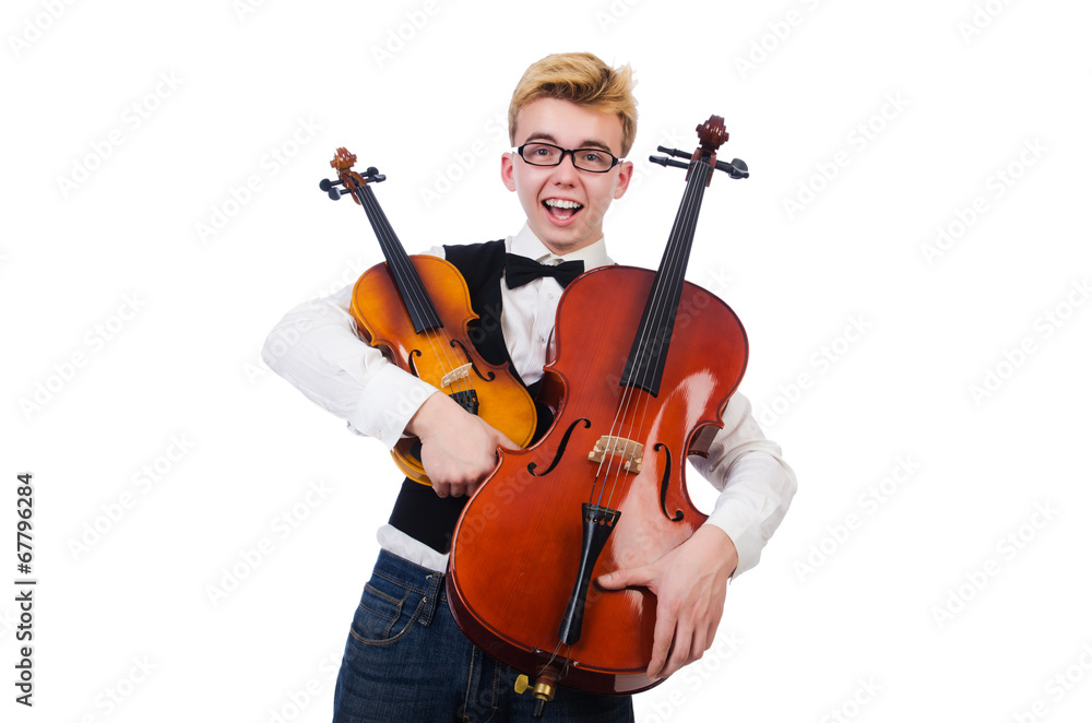 Funny man with violin on white