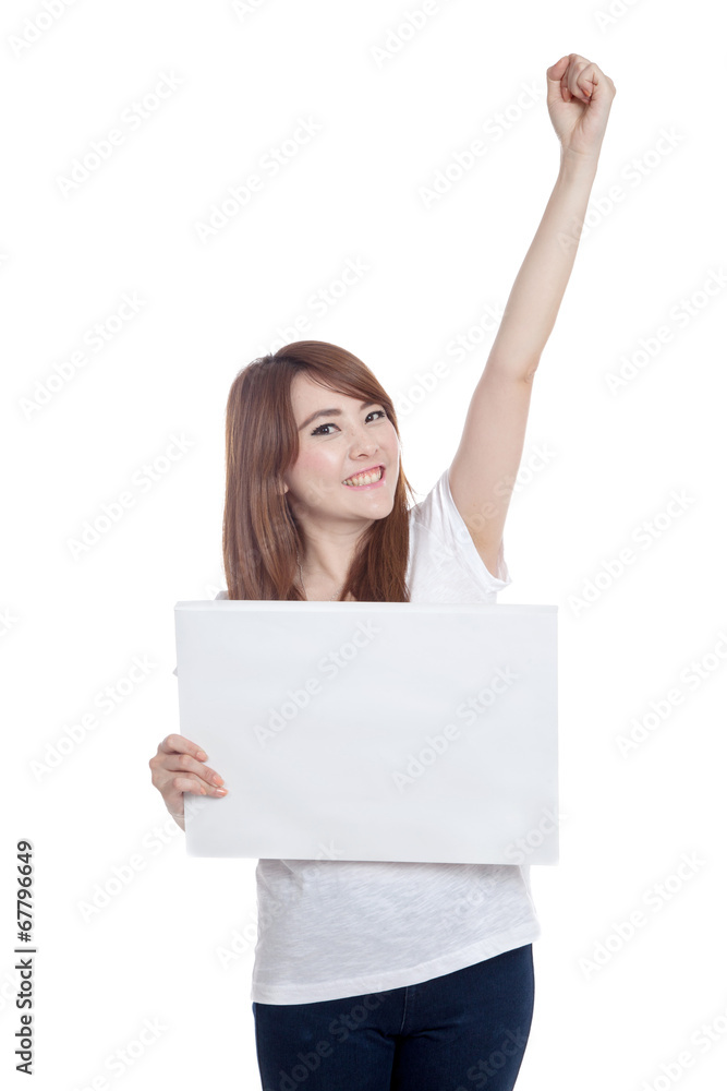 Asian girl hold blank sign fist up Asian girl hold blank sign fist up