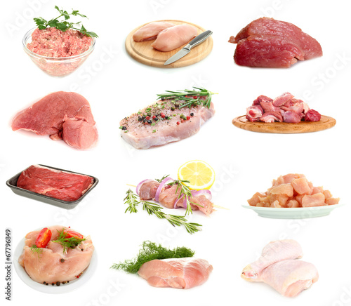 Collage of raw meat isolated on white