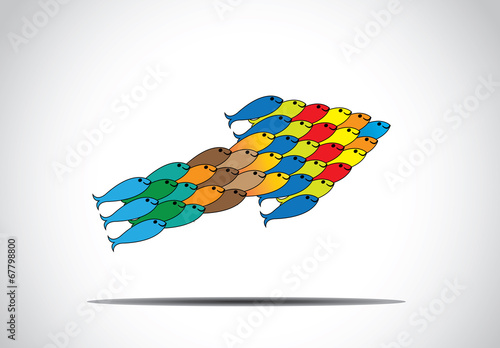muti colored fishes group moving up an arrow shape concept art