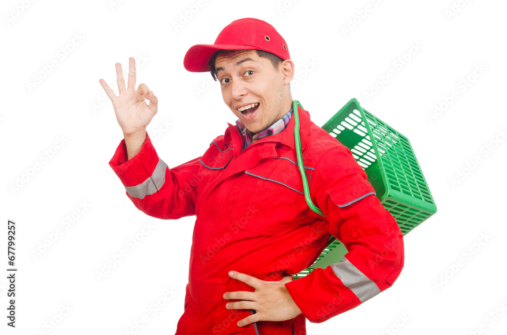 Man in red coveralls with shopping supermarket cart trolley Man in red coveralls with shopping supermarket cart trolley