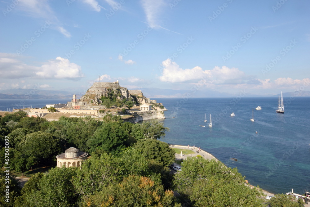 castle old fort and rotunda in Corfu a Greek island in blue Mediterranean sea	