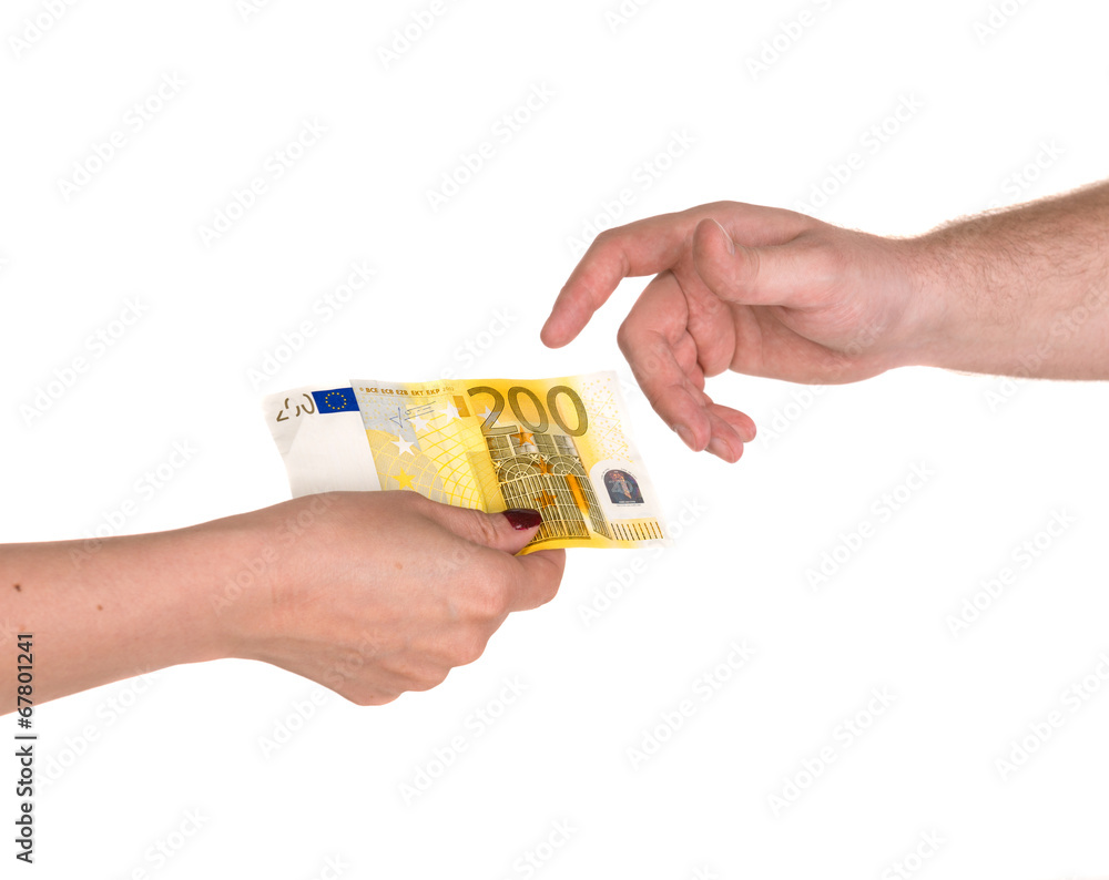 Woman giving 200 euro banknote to a man