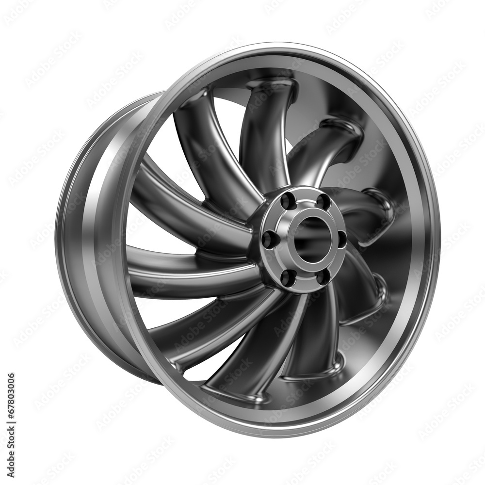 Obraz premium Polished chrome rim wheel on white