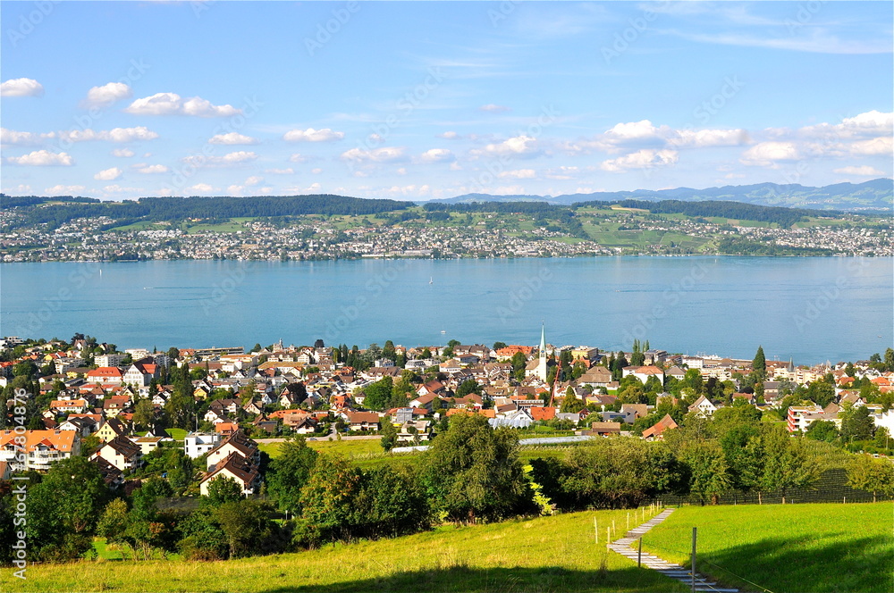 Fototapeta premium Aussicht auf Stadt Wädenswil über Zürichsee bis nach Männedorf
