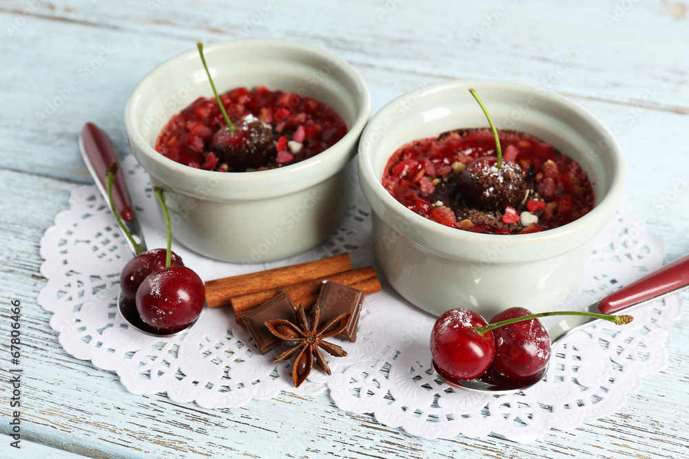 Tasty cherry dessert on table Tasty cherry dessert on table