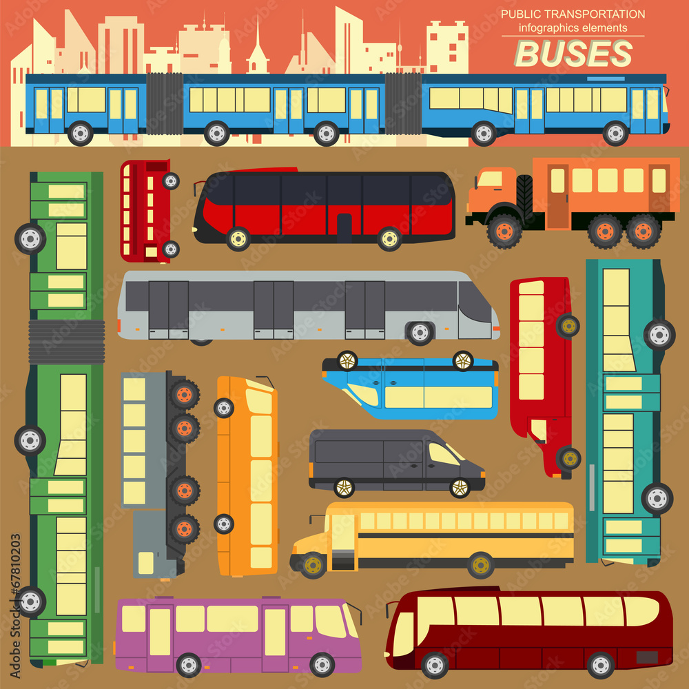 Public transportation, buses. Set elements infographics Stock Vector