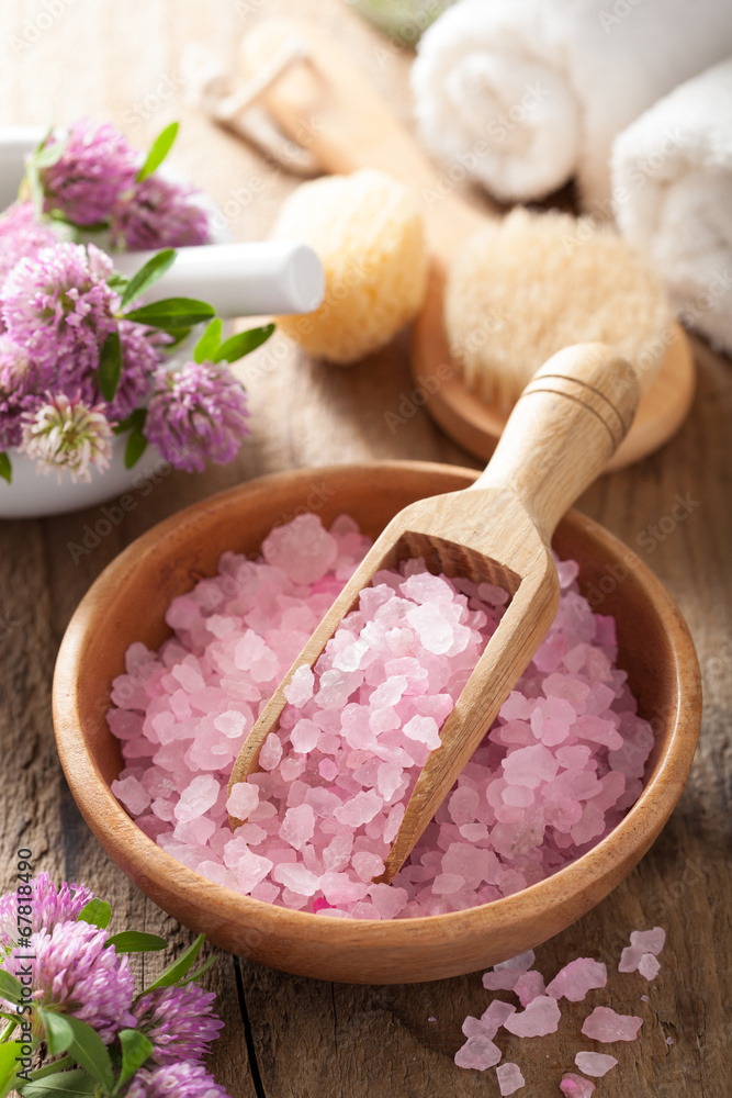 spa with pink herbal salt and clover flowers spa with pink herbal salt and clover flowers