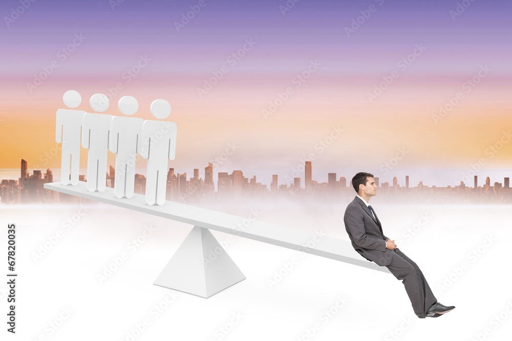 Scales weighing businessman and stick men Scales weighing businessman and stick men