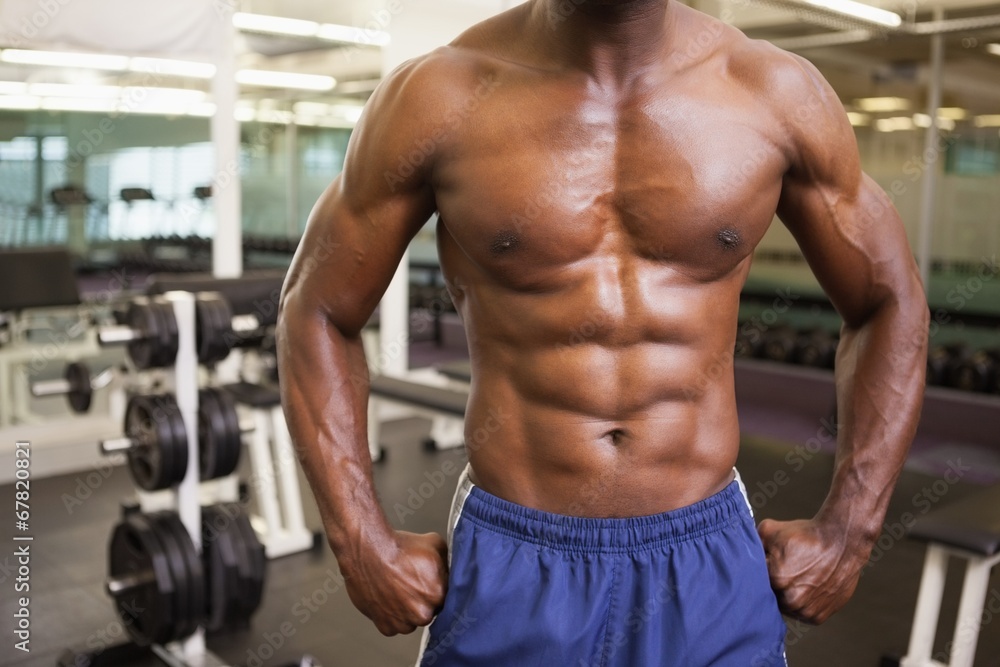Mid section of a shirtless muscular man in gym Mid section of a shirtless muscular man in gym