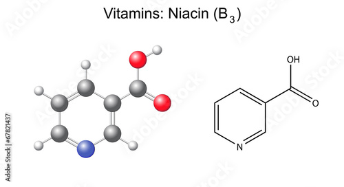Chemical formula and model of niacin (nicotinic acid) vitamin