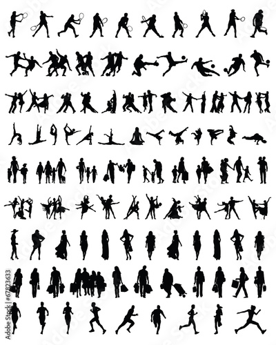 Big and different set of people silhouettes 2, vector