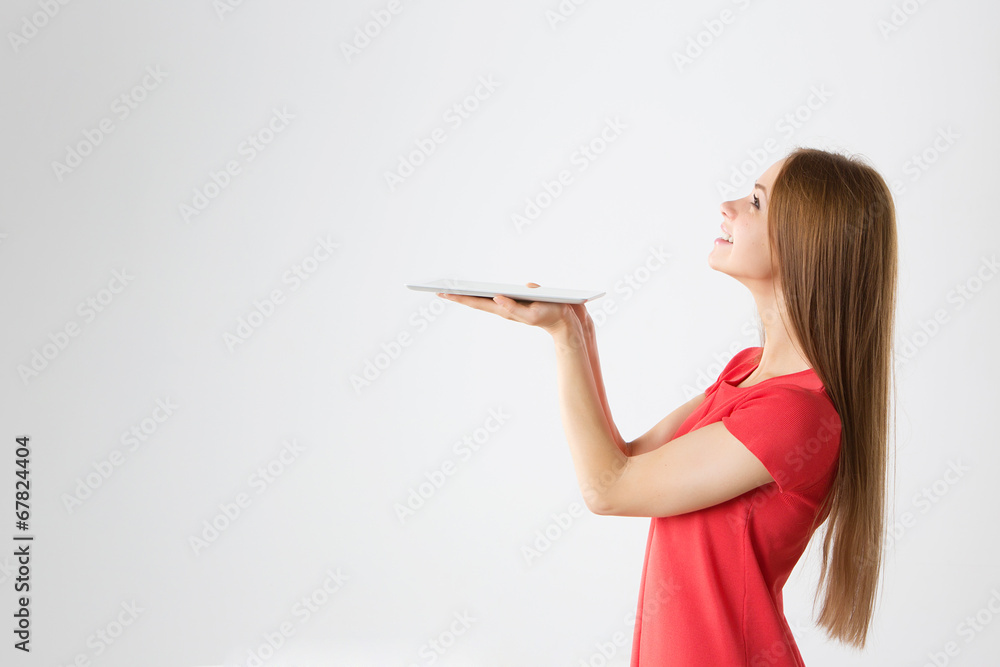 beautiful woman holding a hand electronic tablet beautiful woman holding a hand electronic tablet