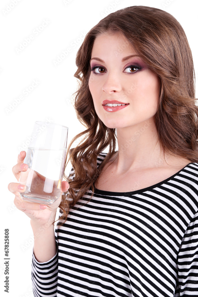Beautiful young girl drinks water isolated on white Beautiful young girl drinks water isolated on white