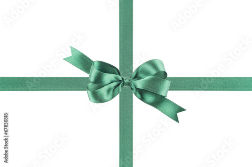 Green ribbon with a bow on white background