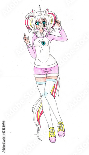 An anime unicorn girl in pink clothes isolated