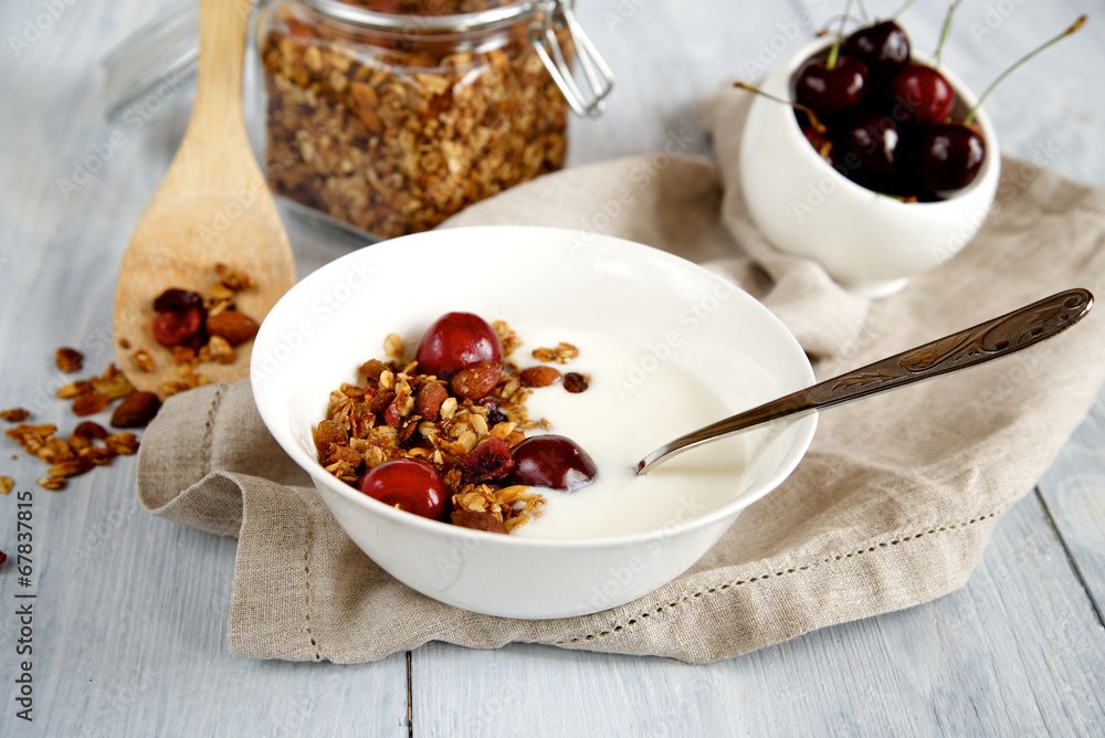 Granola with yogurt and cherries in a bowl Granola with yogurt and cherries in a bowl