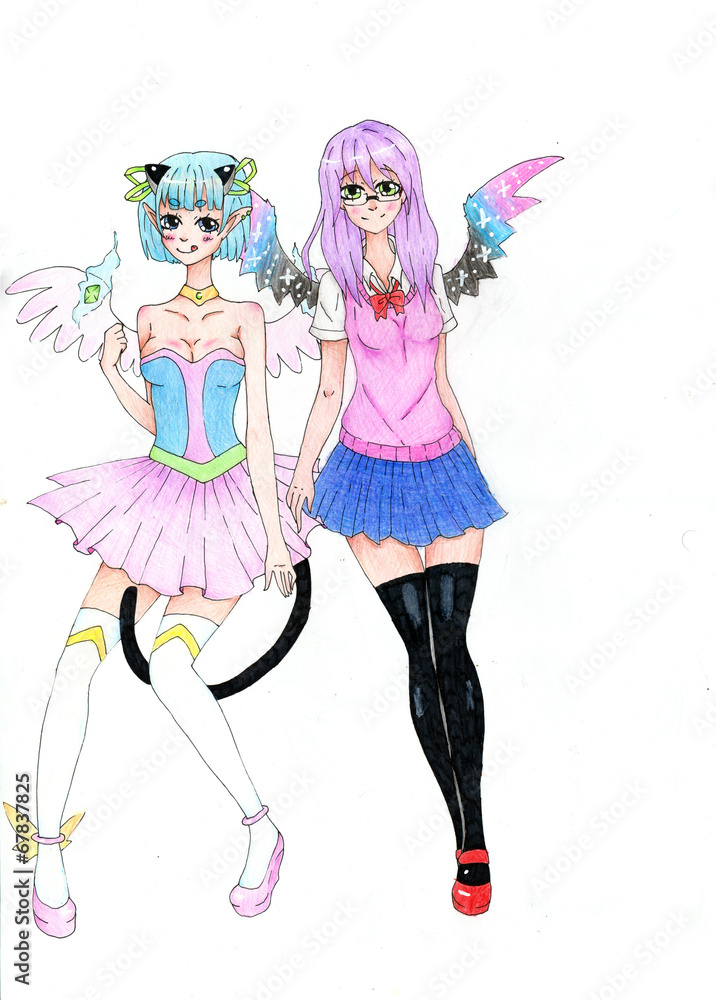 Two anime angel style girls isolated