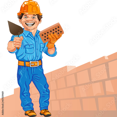 vector cheerful bricklayer builder in the orange helmet with bri