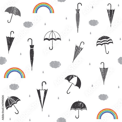 Scratched seamless pattern with rain and umbrellas