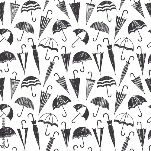 Scratched vector seamless pattern with umbrellas