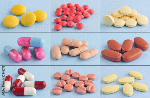 Canvas Print Collage pills and medical capsules with blue background