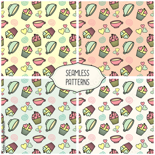 Seamless cupcake tea cup background. Cute vector pattern